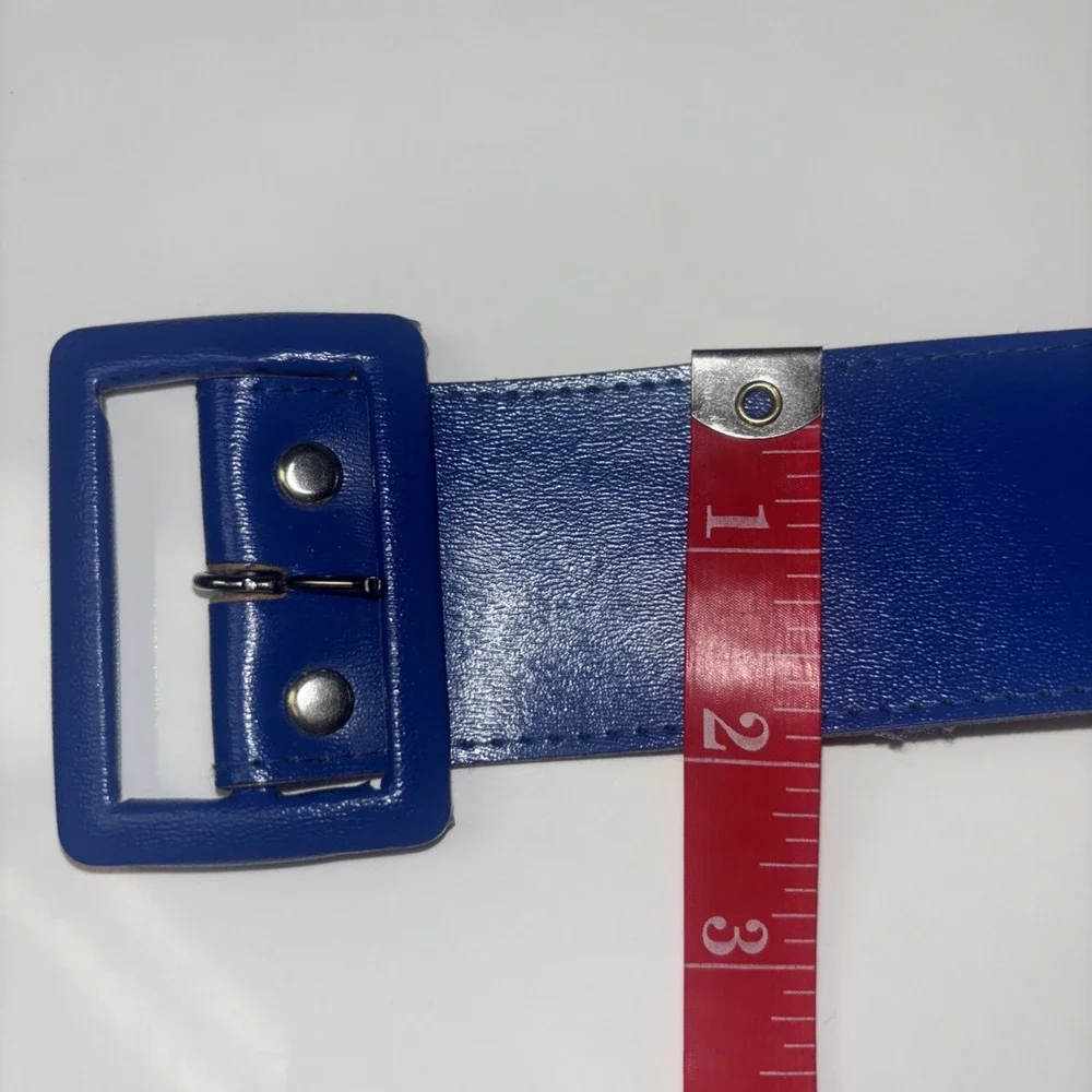 Royal Blue Wide Waist Belt Faux Leather Rectangular Buckle Statement Size M L